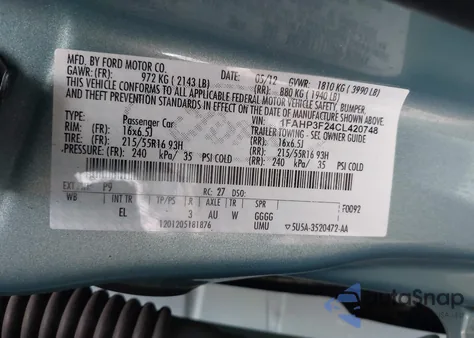 2012 Ford Focus Se z USA, uszkodzony, nr VIN 1FAHP3F24CL420748